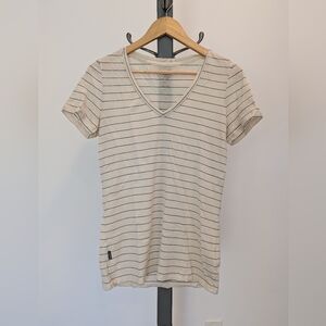 Icebreaker Cream and Blue Striped V-Neck Tee